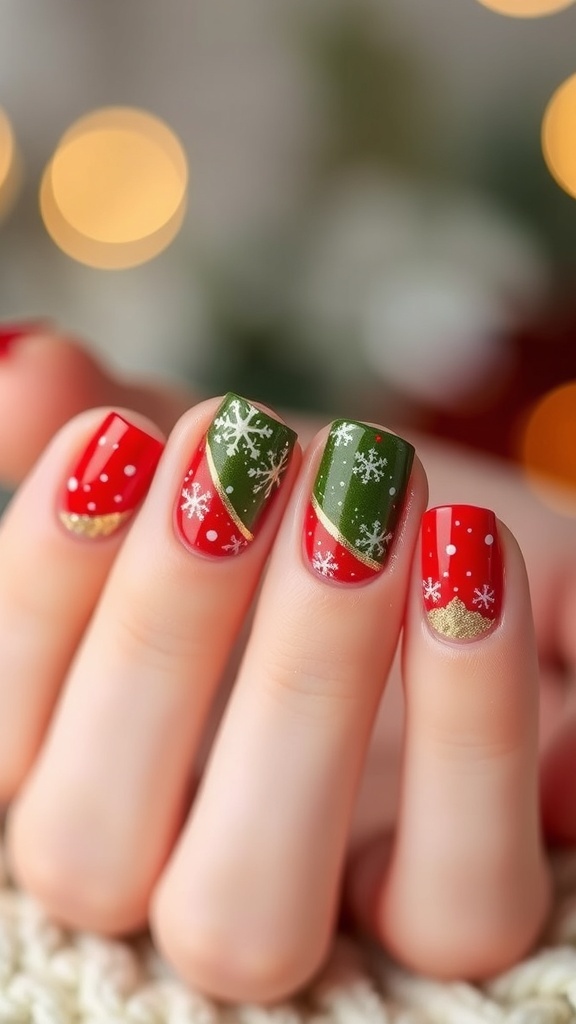 Elegant Christmas nail designs in red and green with snowflakes and glitter on short nails.